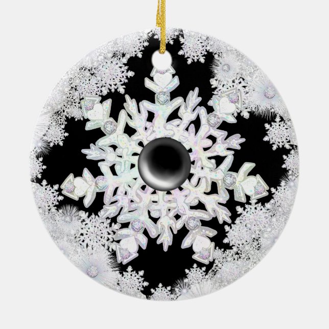 Ceramic Lace black & snowflakes Ceramic Ornament (Back)