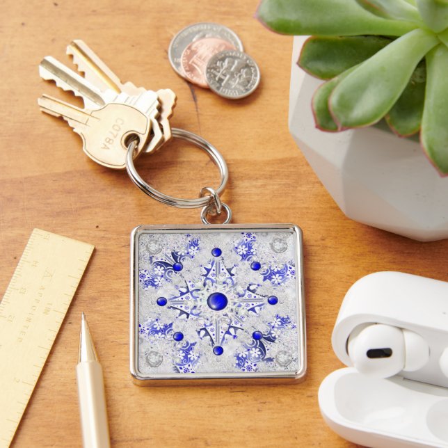 Ceramic Lace Blue of Greece & snowflake Key Ring (Desk)