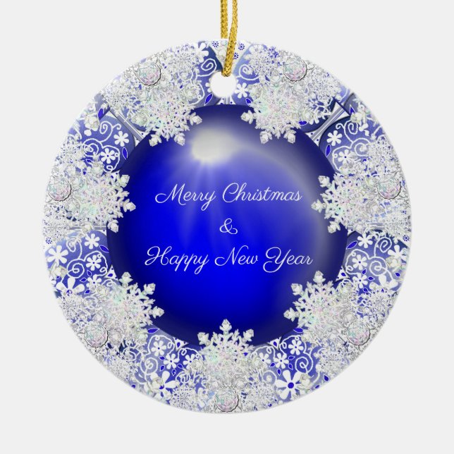 Ceramic Lace Blue of Greece & snowflake Ornament (Front)