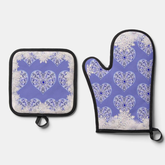 Ceramic Lace Blue of Greece & snowflake Oven Mitt & Pot Holder Set (Front)