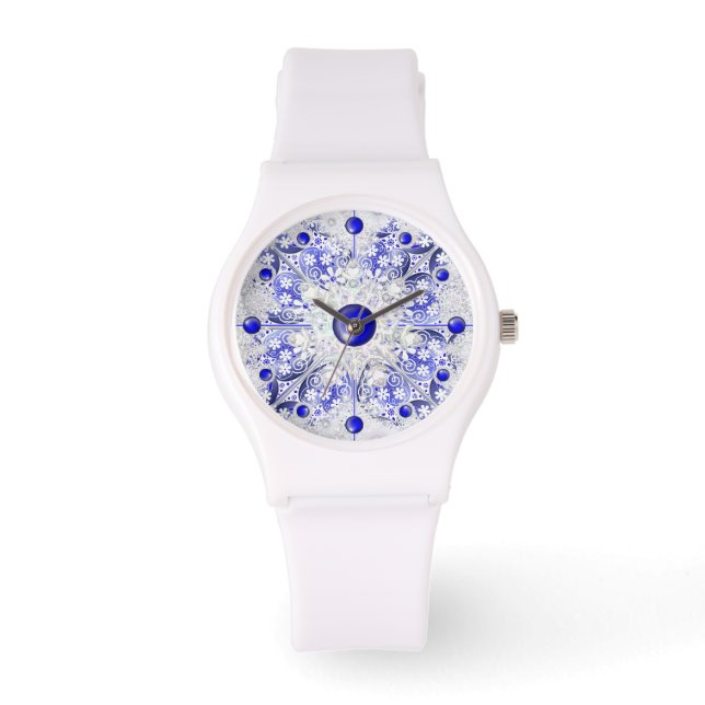 Ceramic Lace Blue of Greece & snowflake Watch (Front)