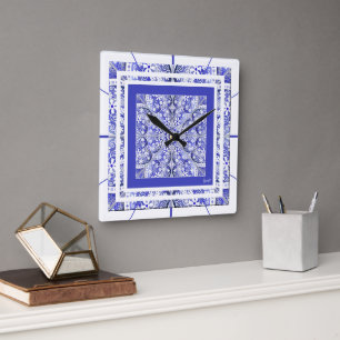 Ceramic Lace Blue of Greece Square Wall Clock