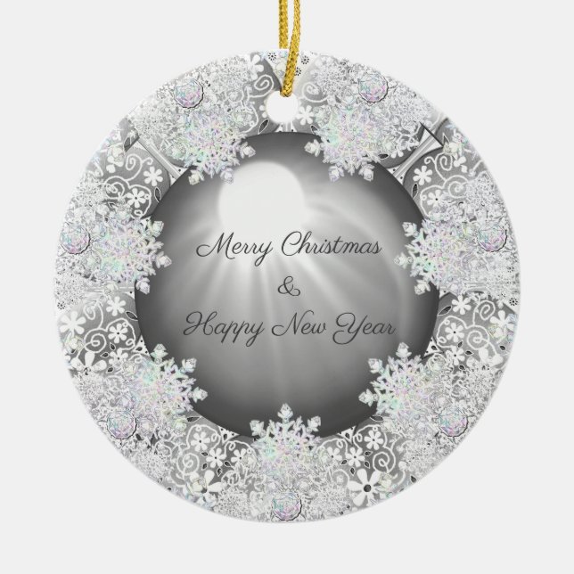 Ceramic Lace grey & snowflakes Ceramic Ornament (Front)
