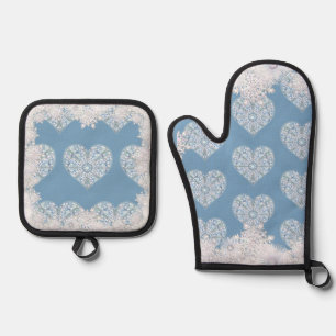 Ceramic lace sky blue & snowflake oven mitt & pot holder set