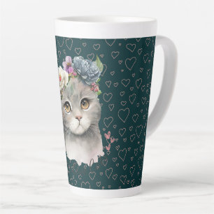Ceramic Latte Mug - Cute Cat & Wildflowers