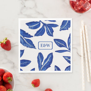 Ceramic Leaves in Blue on white - Their Initials Napkin
