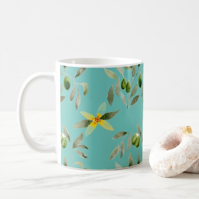 Ceramic mug with olive design on light teal (With Donut)