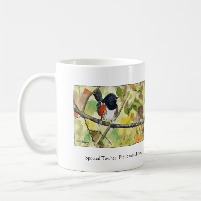 Ceramic mug with Spotted Towhee bird design (Left)