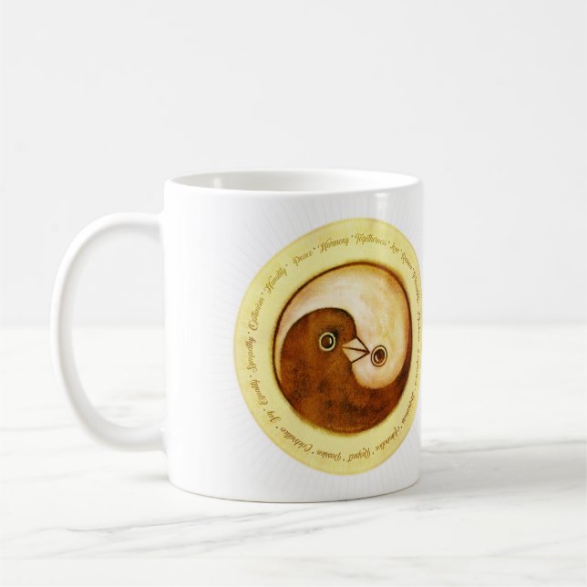 Ceramic mug Yin Yang gold peace doves (Left)