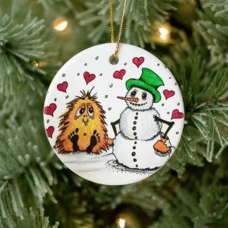 Ceramic Ornament Christmas Snowman and little Yeti