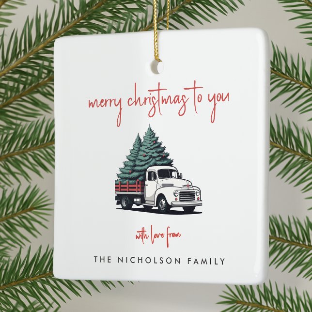 Ceramic Ornament | Christmas Tree Delivery Truck (Personalized vintage delivery truck ceramic ornaments created for cheerful Christmas celebrations)