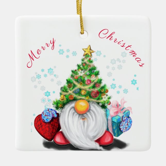 Ceramic Ornament Gnome with Christmas Tree Hat (Front)