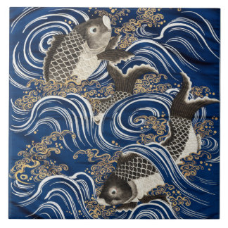 Ceramic Panel of Carp in waves - Fukusa - Japanese Ceramic Tile