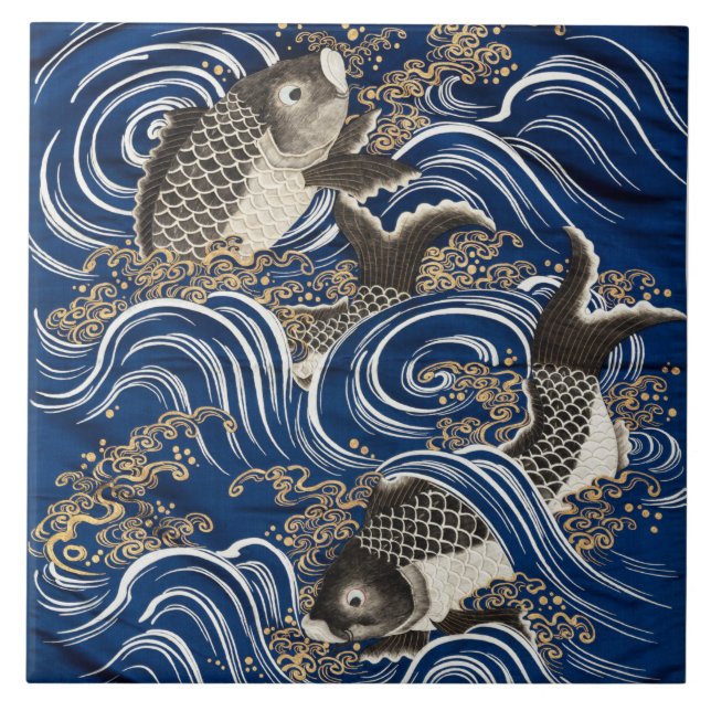 Ceramic Panel of Carp in waves - Fukusa - Japanese Ceramic Tile (Front)