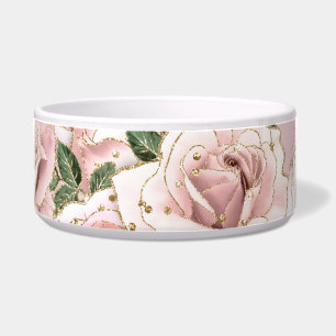 Ceramic Pet Bowl Roses and Gold Glitter