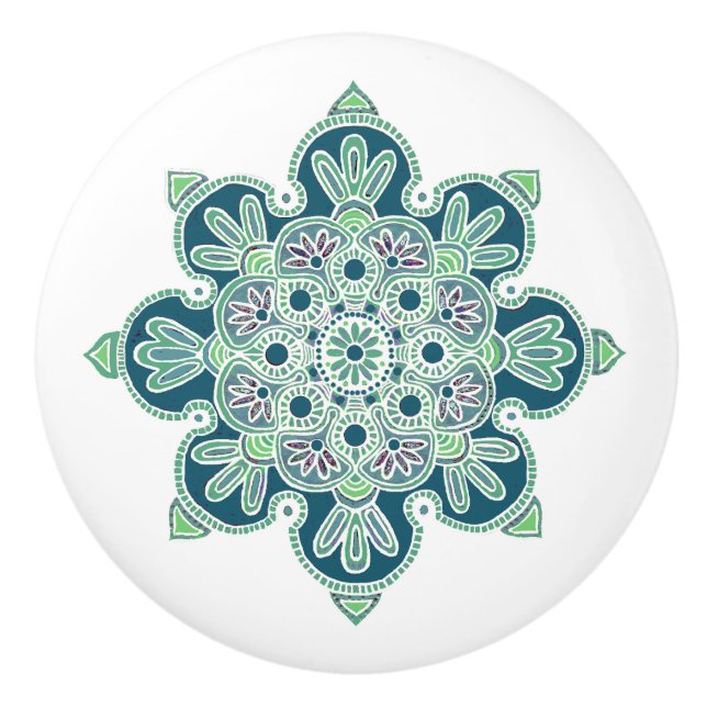 Ceramic pull/Knob with green medallion design Ceramic Knob (Front)