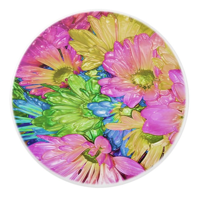 Ceramic Pull - Yellow Pink Green Blue Gold Daisies (Front)