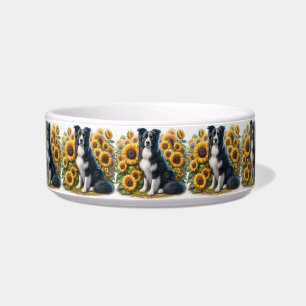 Ceramic Sunflower and Border Collie  Pet Bowl