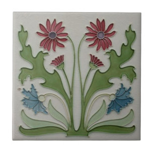 Ceramic Tile - Art Nouveau Red & Blue Floral Tile