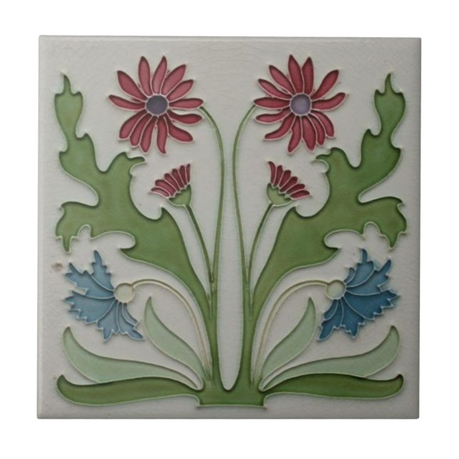 Ceramic Tile - Art Nouveau Red & Blue Floral Tile (Front)