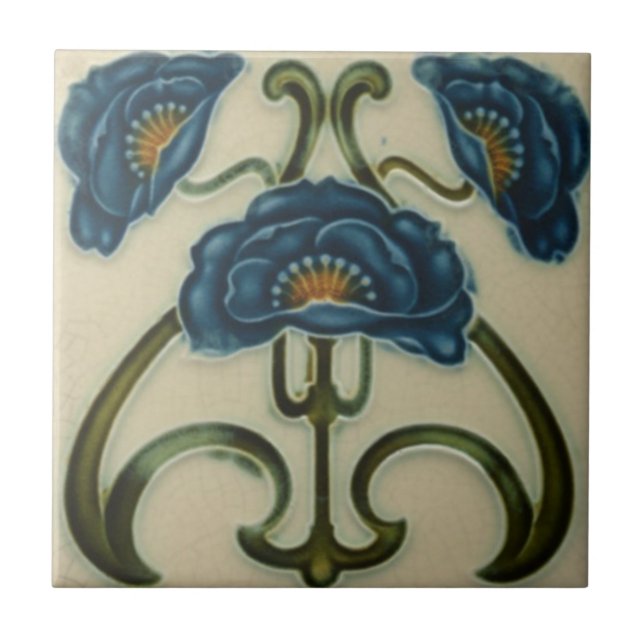 Ceramic Tile - Art Nouveau Three Blue Poppies (Front)