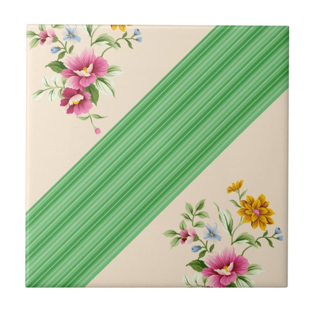 Ceramic Tile Beige Green Stripe Floral (Front)