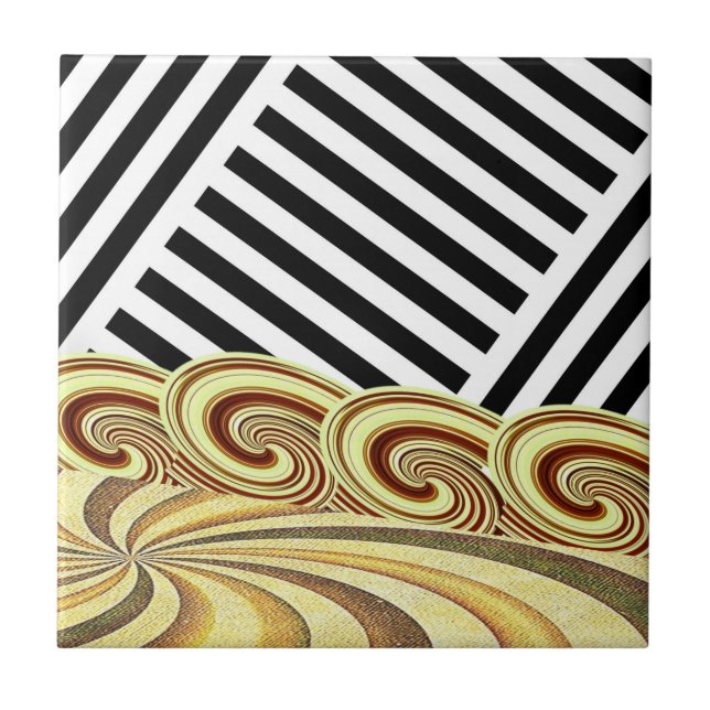 Ceramic Tile Black & White Stripe Brown Swirl (Front)