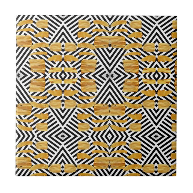 Ceramic Tile Black & White Stripe Gold Pattern (Front)