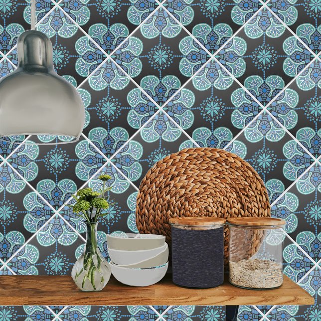 Ceramic Tile blue and green repeating pattern (Blue and black tile shown on kitchen backsplash.)
