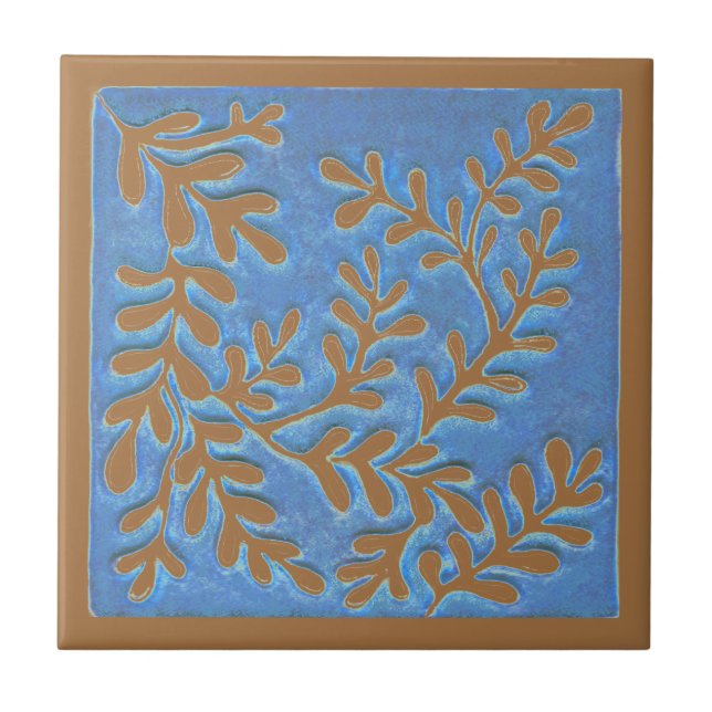 Ceramic tile, Blue & Copper leaves Ceramic Tile (Front)