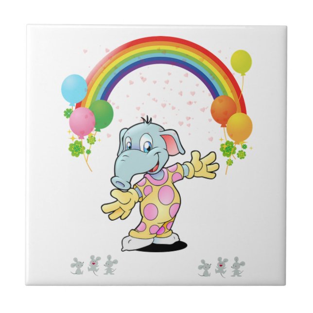 Ceramic Tile Blue Cute Happy Elephant Mice Rainbow (Front)