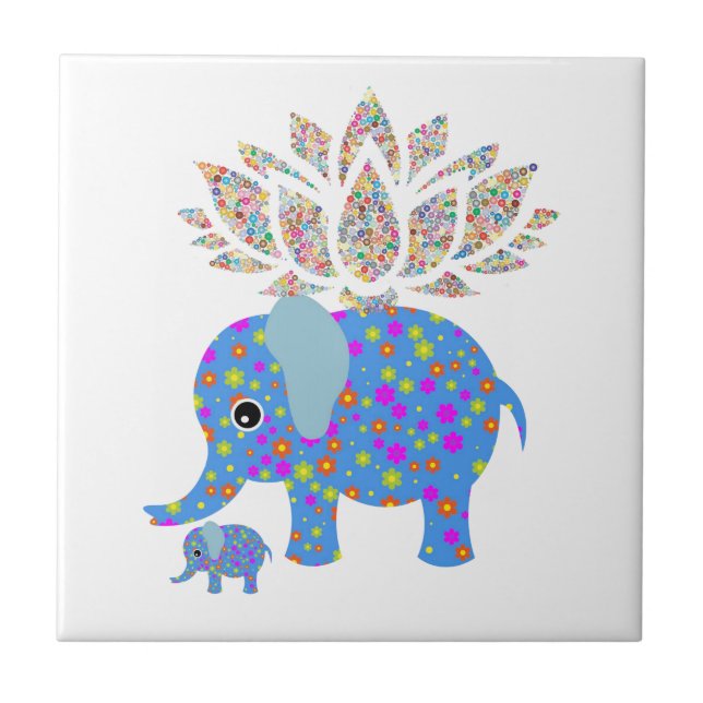 Ceramic Tile  Blue Elephant Love Floral (Front)