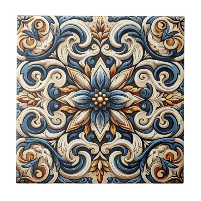 Ceramic Tile - Blue, Gold and White Design (Front)