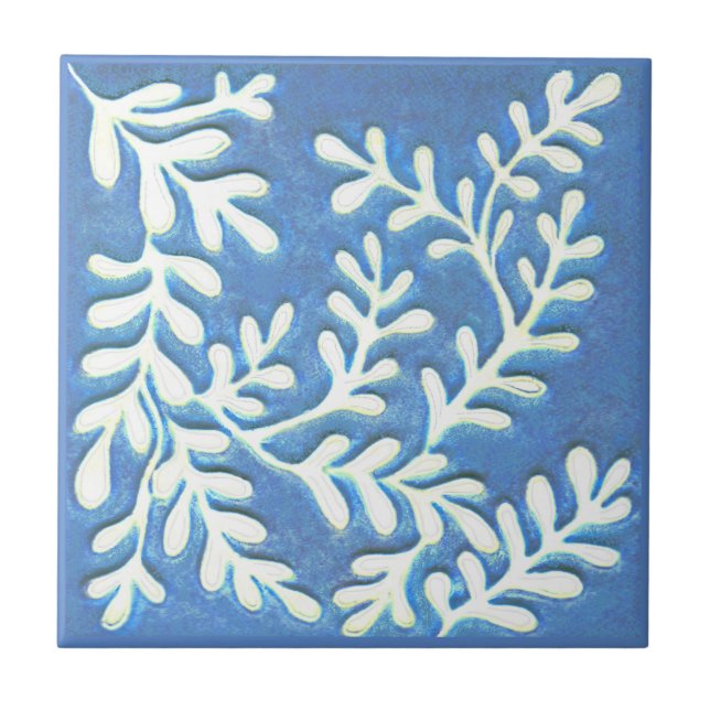 Ceramic tile, Blue & white leaves Ceramic Tile (Front)