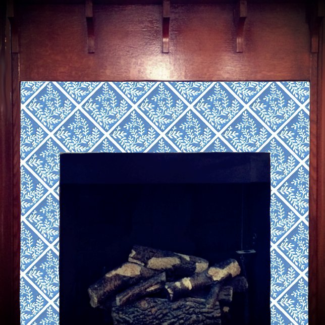 Ceramic tile, Blue & white leaves Ceramic Tile (False indigo blue and white tile shown on a fireplace.)