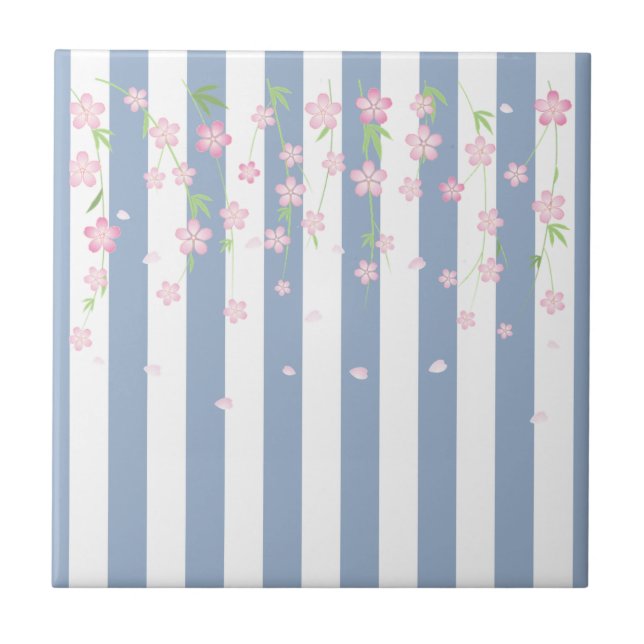 Ceramic Tile Blue & White Stripe Flowers Floral  (Front)