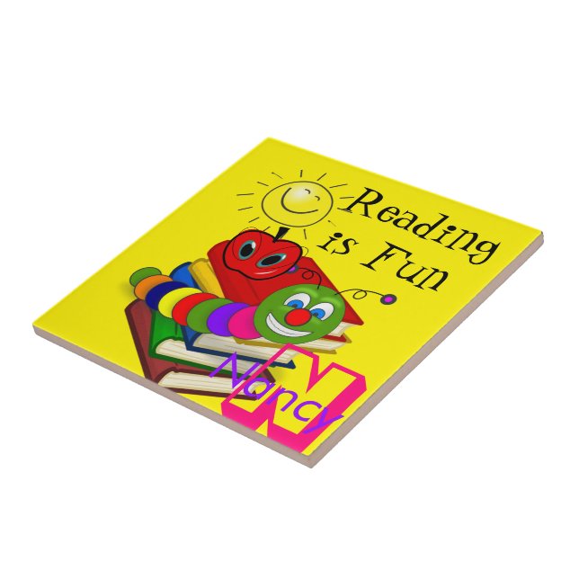 Ceramic Tile Bookworm, Books, Sun, Yellow, Apple (Side)