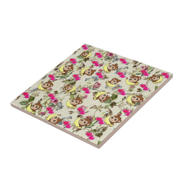 Ceramic Tile Brown Monkey Bananas Floral Hearts (Side)