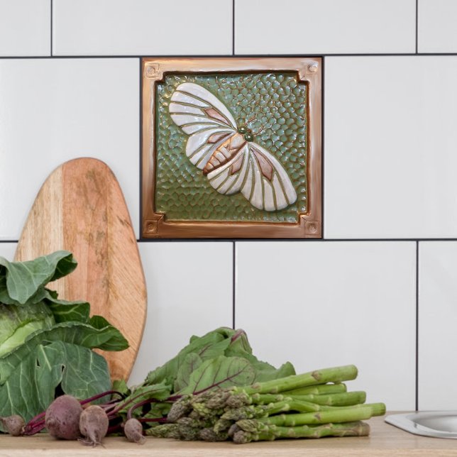 Ceramic Tile Craftsman Moth, green and copper (Single Moth tile shown with white field tiles.)