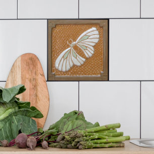 Ceramic Tile Craftsman Moth, in white & Ochre