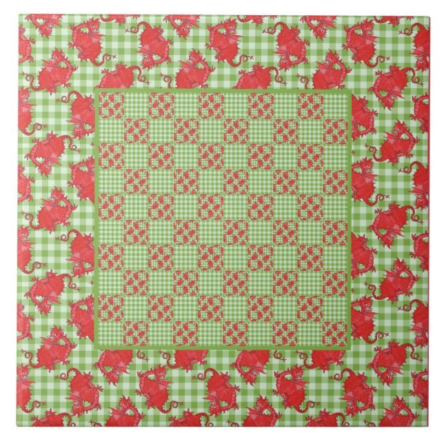 Ceramic Tile: Cute Red Dragon on Green Gingham Tile (Front)