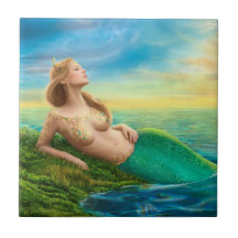 Ceramic  Tile fantasy mermaid at sunset
