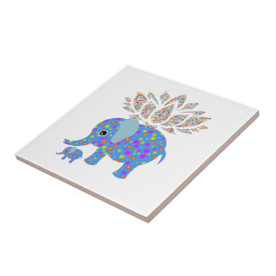 Ceramic Tile Floral Blue Elephant