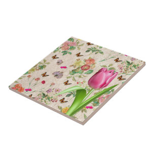 Ceramic Tile Floral Butterfly Pink Tulip