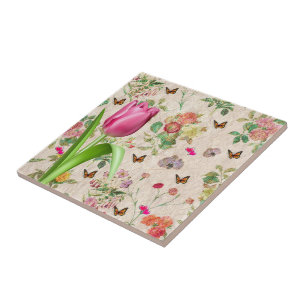 Ceramic Tile Floral Butterfly Pink Tulip