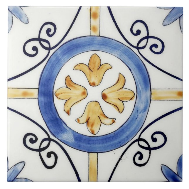 Ceramic Tile - Floral Design Blue and Orange (Front)