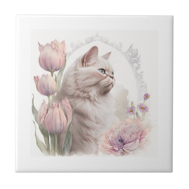 Ceramic Tile  Floral Kitten White (Front)