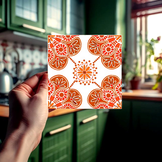 Ceramic tile for kitchen or bath, red design (Orange and white geometric repeating tile for the kitchen.)