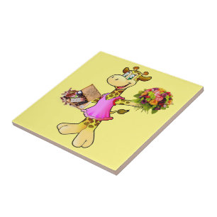 Ceramic Tile Giraffe, Floral, Chocolate, Yellow