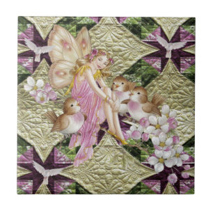 Ceramic Tile Gold Fairy Floral
